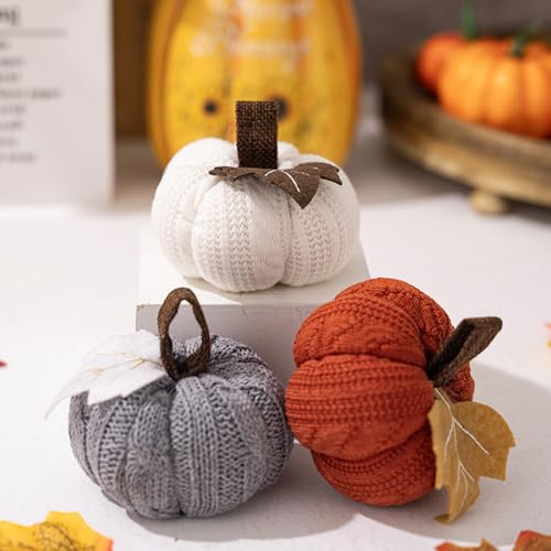 3 Stück Herbst Deko Strick Kürbisse Set,Herbst Dekoration Kürbisse Zierkürbisse Herbstdeko Innen Erntefest Gestrickter Kürbis Herbst Dekorationen für Thanksgiving Saisonale Feiertag Anzeige (3 Farbe)