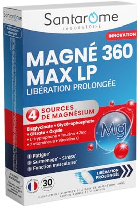 Santarome - Magnésium 360 mg Max LP – Bisglycinate - 4 sources de Magnésium – Fatigue, Stress, Nervosité – Libération Prolongée – 30 Comprimés – Fabriqué en France