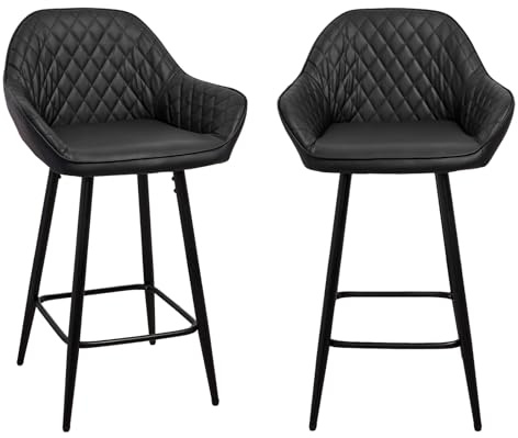 Panana Set of 2 Kitchen Bar Stools with Mid Armrests and Metal Legs Faux Leather Seat (Black)
