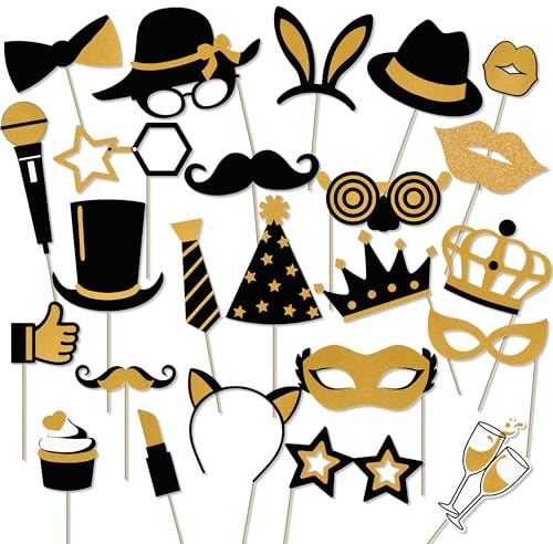 Photo Booth Props, Kaluofan 24PCS Black and Gold Party Decorations, Party Props Accessories for Adults and Kids, Funny Photo Props for Christmas New Years Eve Decorations, Birthday, Weddings