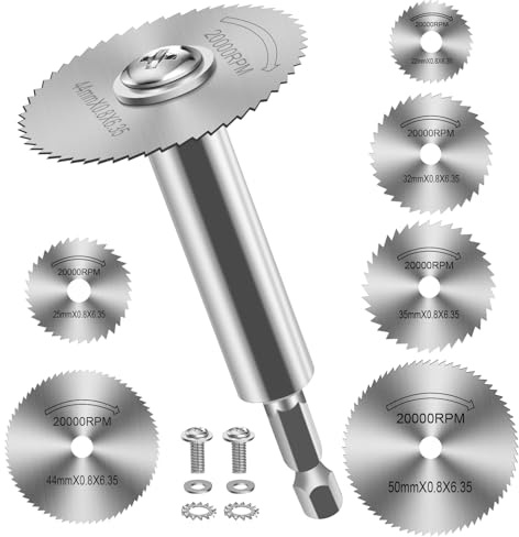 Sägeblatt Kreissägeblatt Set, 1/4 Sechskantschaft (100mm Langer Schaft) HSS Kreissägeblätter für Bohrmaschine, Mini Kreissägeblatt für Holz Kunststoff Metall - 7 Stück