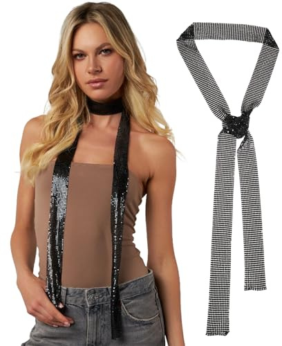 JK Home Sparkling Metallic Scarf Metal Sequins Choker Neck Tie Scarf Skinny Neckerchief for Women Sparkle Glitter Long Thin Scarves Necktie for Girls Party Wedding Black