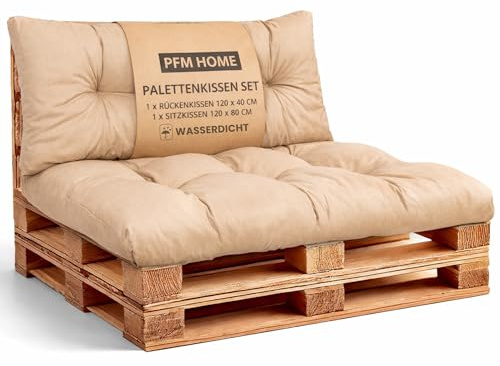 PFM HOME Cojín para palet al aire libre Impermeable para sofá de palet Muebles de palet Europalets - Cojín de jardín - 1 x Cojín de respaldo 120 x 40 cm + 1 x Cojín de asiento 120 x 80 cm - Beige