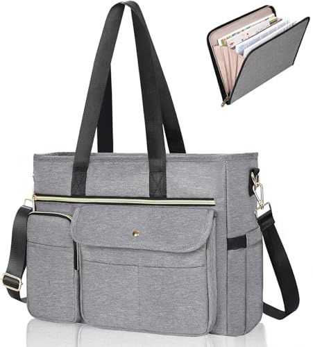 ESTARER Lehrertasche mit Erweiterter Aktenordnertasche,Arbeitstasche mit Fächern für Laptop,Tragbare Lehrertasche für Frauen,Schultertasche Laptop Handtasche,Schulbedarf,Lehrerbedarf,15.6 zoll,Grau