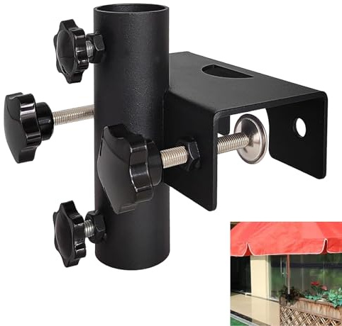 Inscrip Balkongparasollhållare med klämma, robust parasollhållare för trädgårdsstaket, parasoll, terrassbrädor, docka, strand, gård, klämområde 20 mm – 63 mm, paraplydiameter 23 mm – 38 mm, svart
