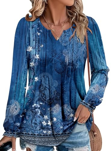 KISSMODA Womens Long Sleeve Blouses V Neck Pleated Dressy Shirt Tunic Tops | Notch V Neck, Ruffle Cuffs, Loose Fit Hem Blouse for Leggings, Casual Fashion Fall Winter Outfits