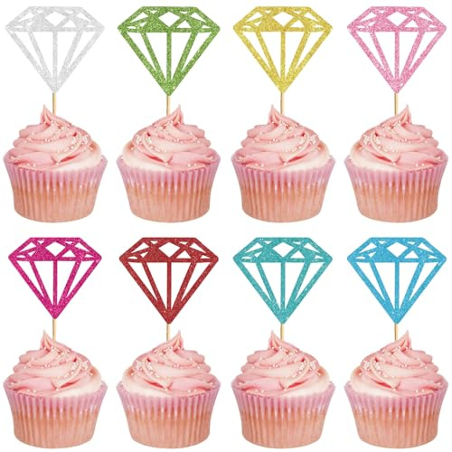 CREATCABIN 24 st diamantring cupcake toppers silver glitter diamant vigselring cupcake plektrum för bröllop förlovning årsdag alla hjärtans dag fest munk tårtdekorationer tillbehör 6 x 6 cm