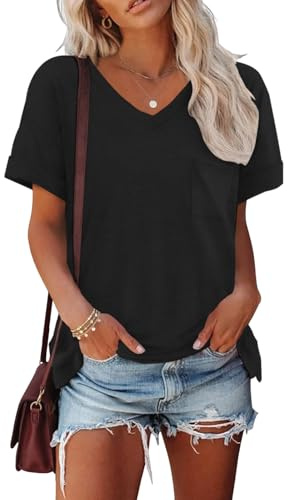 Cuptacc t-shirt damer sommar v-ringad basic top kortärmad lös elegant | Fritid, vardag, mode, lös, andas, klassisk, enkel, lätt och luftig, enfärgad, med ficka, elastisk