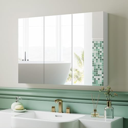 HOMCOM Armario de Baño con Espejo de Pared 3 Puertas 91,5x11,5x65cm Blanco