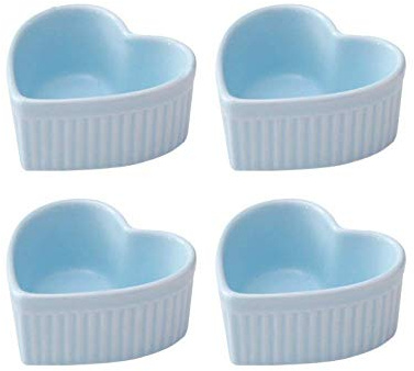 UAUWBRZ Dessert Bowl 4 oz Ramekins Set of 4 Ceramic Heart Shaped Molds for Baking Cakes Jams Souffle Creme Brulee-Blue(Blue)