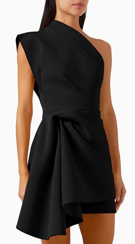 GOBLES Women's Elegant One Shoulder Asymmetrical Draped Mini Cocktail Party Dress Black