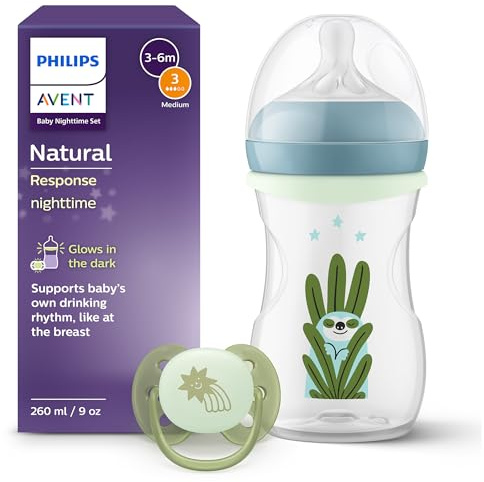 Philips Avent Natural Response Nighttime Set – 260 ml nappflaska med mediumflödes-napp (Flow 3), självlysande ring, ultrasoft nattnapp, Sleepy Sloth-design, SCD838/17