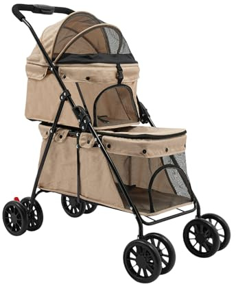 Passeggino per cani a 2 ripiani, con finestra a rete, pieghevole, per 2 cani di piccola taglia, gatto, kaki