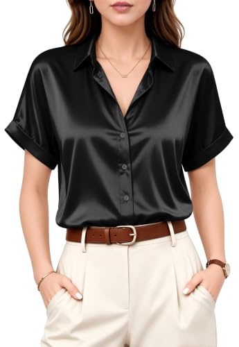 ALGALAROUND Womens Blouses Satin Short Sleeve Button Down Shirt Womens Casual Tops Elegant Office Work Blouses Going Out Outfits