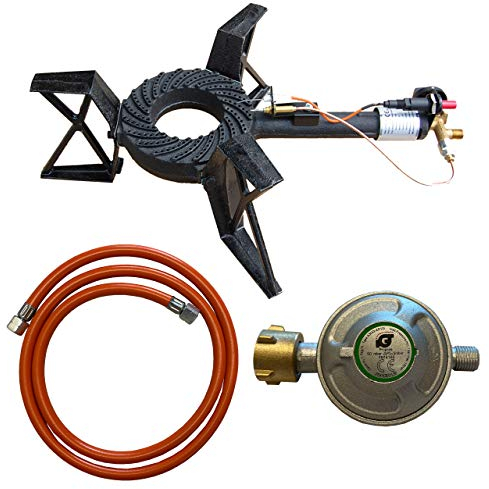 Gaskocher 10,5 kW mit 3 Gussfüßen – Hochleistungs Hockerkocher mit Druckregler 50 mbar, Piezozündung & Zündsicherung – Outdoor Campingkocher für Wok, Pfanne & Topf