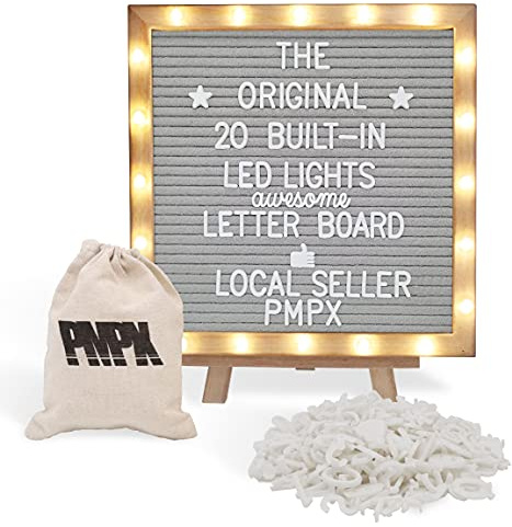 The Original - Tablero de fieltro gris con soporte, luces LED integradas de 10 x 10 pulgadas, tablero de menú + marco de madera, 340 letras, emojis + palabras cursivas - Mensajes personalizados