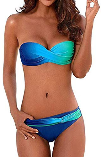 Bikini Bandeau Acolchado para Mujer con Traje De Baño Cinturón De Hombro Push Up Extraíble único Up Beach Fashion Mujeres Fruncido Bandeau Bikini Trajes De Baño con Bragas De Dos Piezas (Azul,M)