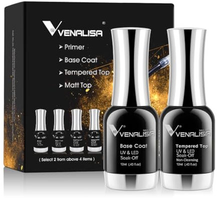 VENALISA Gel Nail Polish 12ml Base Coat and No-wipe Top Coat 2pcs Set Shine Finish and Long Lasting Soak Off LED Nail Lamp Gel Base Top Coat Nail Art Design Manicure Gifts for Girls