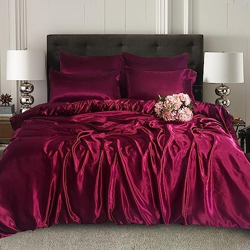 ROOEE Satin Silk Complete Bedding Set - 6 PCS - Fitted sheet, Duvet Cover, 4 Pillow Cases. Color - Burgundy Size - Double