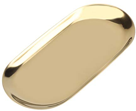Cyrank Edelstahl Dekoratives Tablett, Schmuck Tablett Ovale, 7 Zoll Kosmetiktablett, Kleines Tablett, Handtuchhalter Schmucktablett mit Gold Aufbewahrungstablett für Küche Badezimmer Büro(S-Gold)