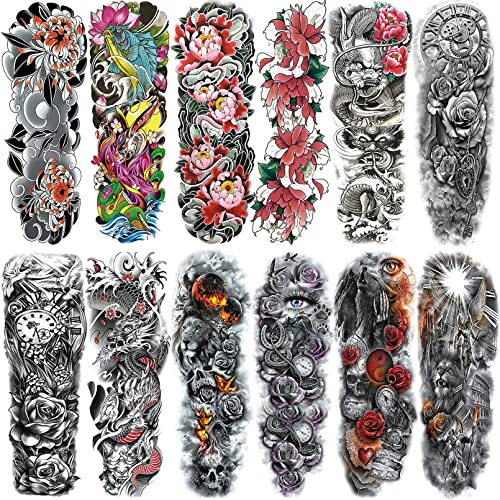 Temporary Tattoos Sleeves, 12 Sheets (L19“xW7”) Full arm temporary tattoos, Sleeve Tattoos for Men and Women Adult