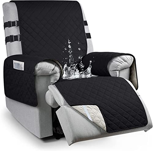 Sesselschoner mit Armlehne, 100% Wasserdichter Sesselauflage mit Taschen, rutschfest Fernsehsessel Sesselschoner, Sesselbezug mit 2 Verstellbaren Riemen 1 Sitzer, Schwarz, L