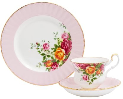 Royal Albert Teaware & Coffee Sets, FIne Bone China, Old Country Rose Teacup Saucer Plate, Rose, 3pcs