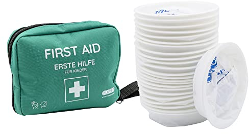 Erste Hilfe Set Kinder mit 25 Brechbeuteln, Reiseapotheke Kinder gefüllt mit 47 Inhaltsteilen, Erste Hilfe Tasche Baby für unterwegs, Erste-Hilfe-Set für Kinder + Brechbeutel, 25 Stk.