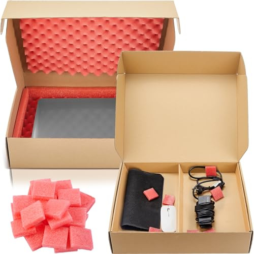 Yeaqee 16.7 x 13 x 4 Inches Laptop Shipping Box Secure Mailer Empty Moving Kraft Delivery Shipping Container with Charger Box, 20 Foam Sheets, Frame, 2 Foam Padding for Packing