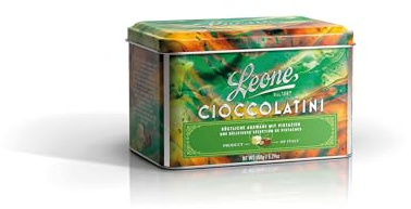 Leone depuis 1857 – Boîte en métal de Pralines à la Pistache - Assortiment de Truffes et Petits Lingots à la Pistache – Coffret Cadeau de 150 g