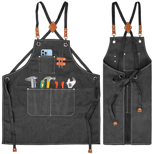 KOOOGEAR Multifunktionale Schürze aus Segeltuch,Arbeitsschürze,Schweisserschürze,Grill Kochschürze,erstellbarem Gürtel Geeignet Leinenschürze geeignet für Küche, Garten, Schmiede, Werkstatt (Schwarz)