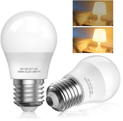 BrightArk 2 Stück 4W E27 G45 LED Leuchtmittel, Glühbirne E27 3000K Warmweiß, 4W E27 Mini Globe Glühbirne Ersetzt 40W, 2 in 1 LED Birne 400LM/50LM Nicht Dimmbar für Nachtlicht, Kinderzimmer