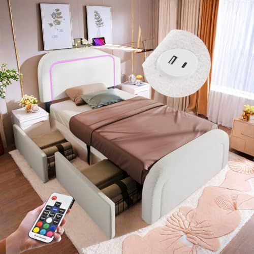 Caja de 90 x 200 cm con LED, 2 cajones y puerto USB tipo C – Cama tapizada para 1 persona con almacenamiento y somier de láminas – Blanco (sin colchón)