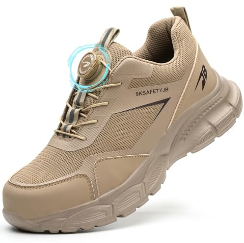 GUDECIUS Zapatos de Seguridad para Hombre Mujer Ligeros Calzado Trabajo Zapatillas de Seguridad con Punta de Acero Comodo Calzado de Seguridad Transpirable Antideslizante Caqui 45 EU
