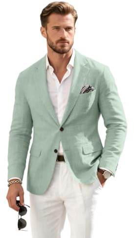 Retro Linen Mens Suit Jacket Vintage Casual Two Button Slim Fit Blazers Men Suit Separates Coat Linen Sport Coats for Wedding Prom Light Green S