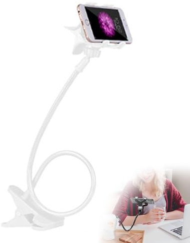 Gooseneck Phone Holder Tablet Stand for Bed, Lazy Arm 360 Adjustable Clamp Bracket, Sturdy Clip on Phone Holder for Desk, Compatible with Smartphones Other Device (White)