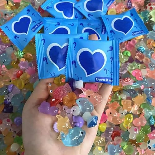 Mini modelos de resina de animales que brillan en la oscuridad, bolsa ciega misteriosa, figuras luminosas del océano, accesorios de jardín de hadas en miniatura (azul paquete de 200)