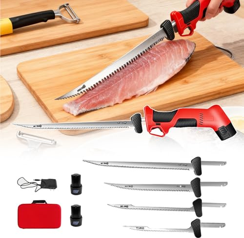 12v Sladdlös Elektrisk Fiskfilékniv, Elektrisk Fiskfilékniv Med 4 Blad Med Halkfritt Handtag Och Säkerhetslås + 2 Laddningsbara Batterier + Bärväska För Fiske, Fiskfiléering