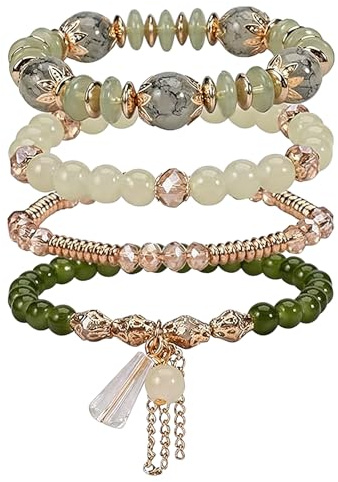 FveVqe 4PCS Boho Bracelets for Women, Beaded Bracelets, Multilayer Charm Bracelet, Stackable Stretch Fashion Bracelet Set for Summer Beach Boho Vacation Friendship Bridal Jewelry Gifts
