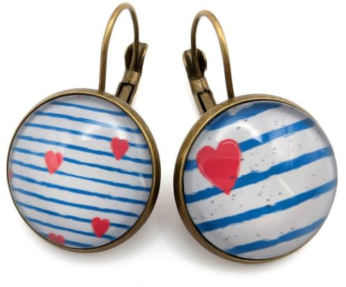 Boucles d’Oreilles Femme Pendantes Dormeuses – Cabochon Verre Rayures Marinière Bleu Blanc Cœur Rouge – Bijou Style Marin Été – Idée Cadeau Femme