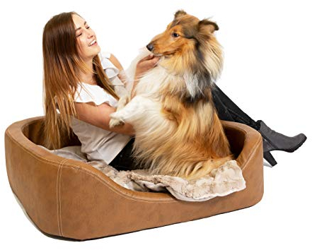 CopcoPet Hundebett Stella Orthopädisch XL 100 x 80 x 10 cm Antik Hellbraun – Kunstleder, rutschfest & pflegeleicht – Für mittelgroße Hunde, perfekt als Liegeplatz im Wohnzimmer oder Schlafbereich
