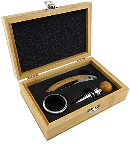 TigerTie - Coffret à vin en bambou avec couteau de sommelier / tire-bouchon, col de vin, bouchon de bouteille en acier inoxydable, noir/rouge, Länge 16 cm x Breite 10,5 cm x Höhe 4,8 cm