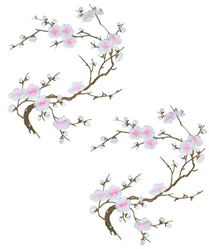 CHENGZI Plommon blomma broderi lappar applikation tyg klistermärke hantverk sömnad reparation dekoration, set med 2 (vit)