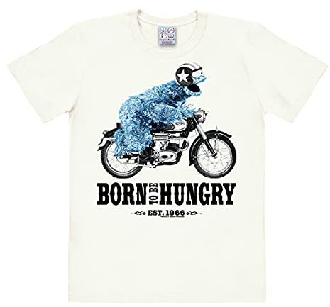 Logoshirt® Sesamstrasse I Krümelmonster I Motorrad I Born to Be Hungry I T-Shirt Print I Damen & Herren I kurzärmlig I Weiss I Lizenziertes Originaldesign I Größe M