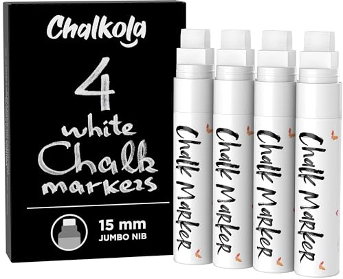 Jumbo White Chalk Pens - 15mm Window Markers | Pack of 4 White Pens - Use on Cars, Chalkboard, Whiteboard, Blackboard, Glass, Bistro | Loved by Teachers, Artists, Businesses