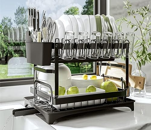 AISEY Dish Rack for Kitchen Counter, Dish Drying Racks with Drainboard 2 Tier, Dish Drainer Rack and Utensil Holder