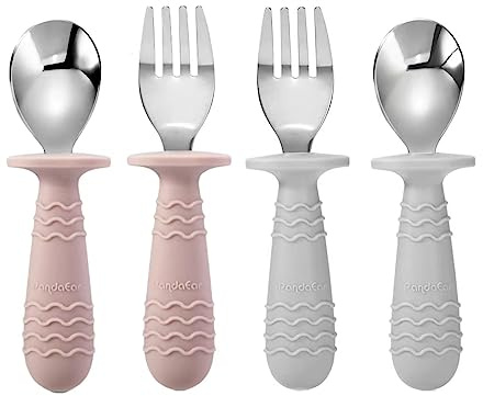 PandaEar 4 Set Bébé Toddler Ustensiles en Acier Inoxydable Silicone Argenterie Cuillère Fourchette pour Bébé Toddler Sans BPA avec Conception Anti-étouffement en Silicone (Rose & Gris)
