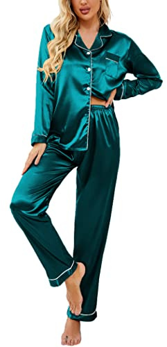 Ekouaer Pigiama da Donna in Raso, a Maniche Lunghe, con Bottoni, Biancheria da Notte con Scollo a V, Set da Due Pezzi