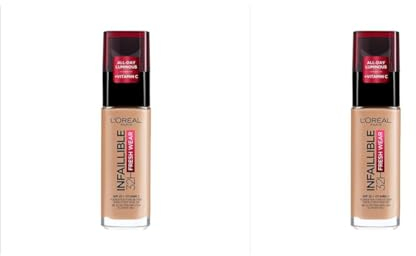 L'Oréal Paris Make up, Wasserfest und langanhaltend, Flüssige Foundation mit LSF 25, Infaillible 32H Fresh Wear Make-up, Nr. 220 sable/sand, 30 ml (Packung mit 2)