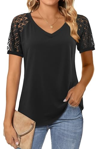 Beluring Womens Lace Long Sleeve Tops Plain V Neck T Shirts Loose Casual Blouse Dressy Tunic Shirt